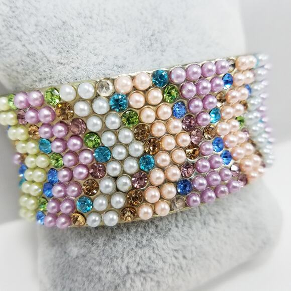 Faux Pearl Rhinestone Hinged Silver Tone Bracelet, 7 Inches - Picture 3 of 8